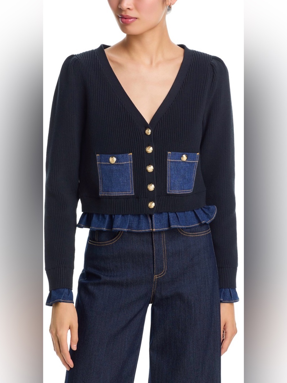 Cinq a Sept Lilly Denim Detail Cardigan Sweater in Black/Midnight